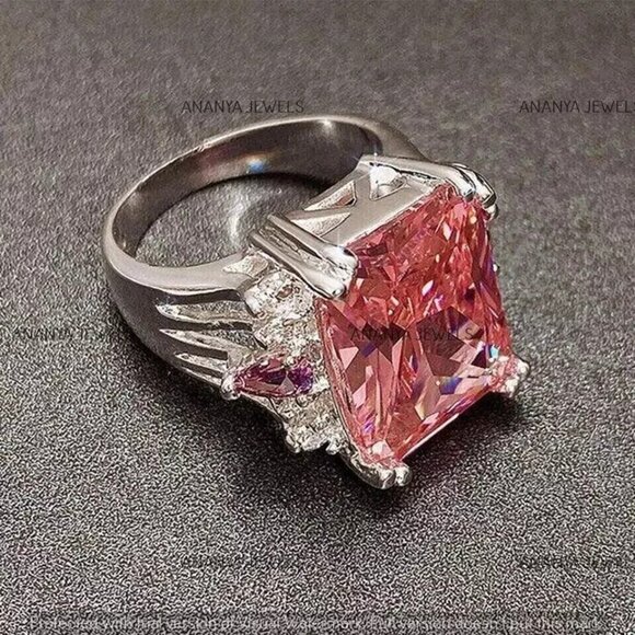 Stunning 4Ct Lab Grown Pink Sapphire Engagement Ring in 14K White Gold Plating - Picture 2 of 5